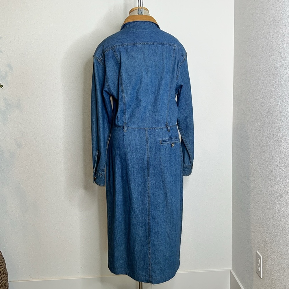 Nieman Marcus Vintage Denim Leather Collar Button Up Dress - Picture 2 of 4